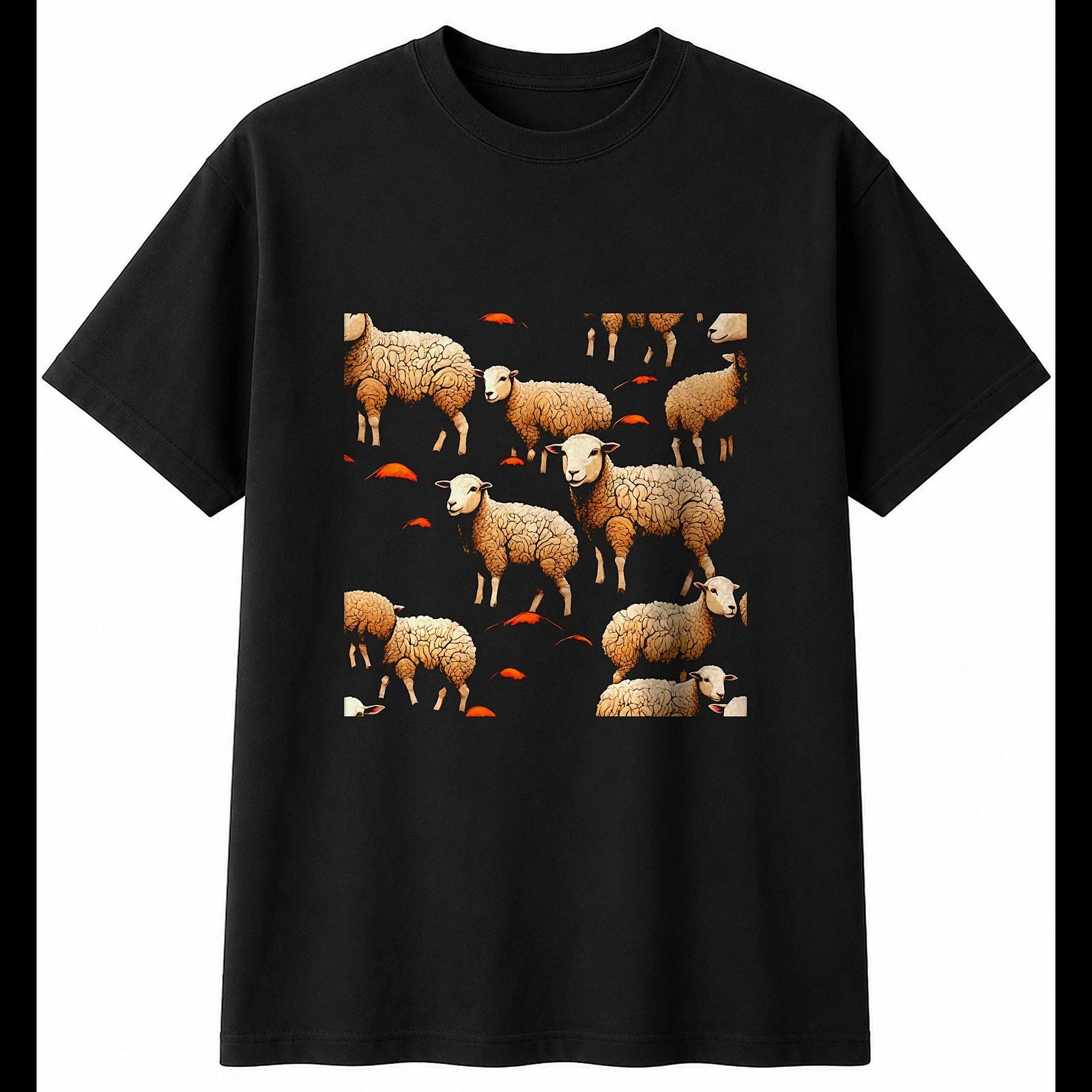 Lamb with Mushrooms Sheep Cute Mens T-Shirt Black 100% Cotton Graphic Tee