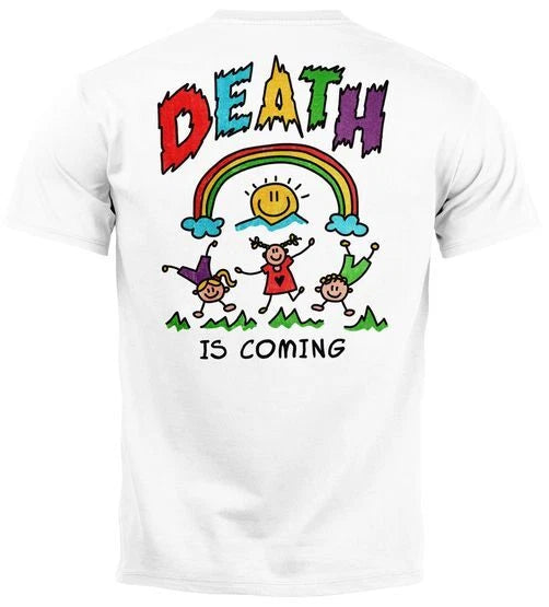 Backprint TShirt men's print shirt design with funny saying death is coming