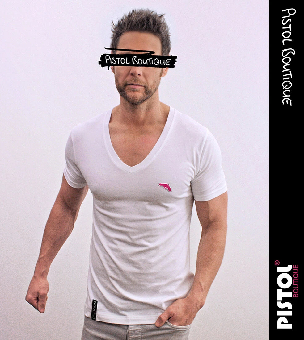 Pistol Boutique Men's Fitted White Deep V Neck Plain Chest Logo Badge T-shirt