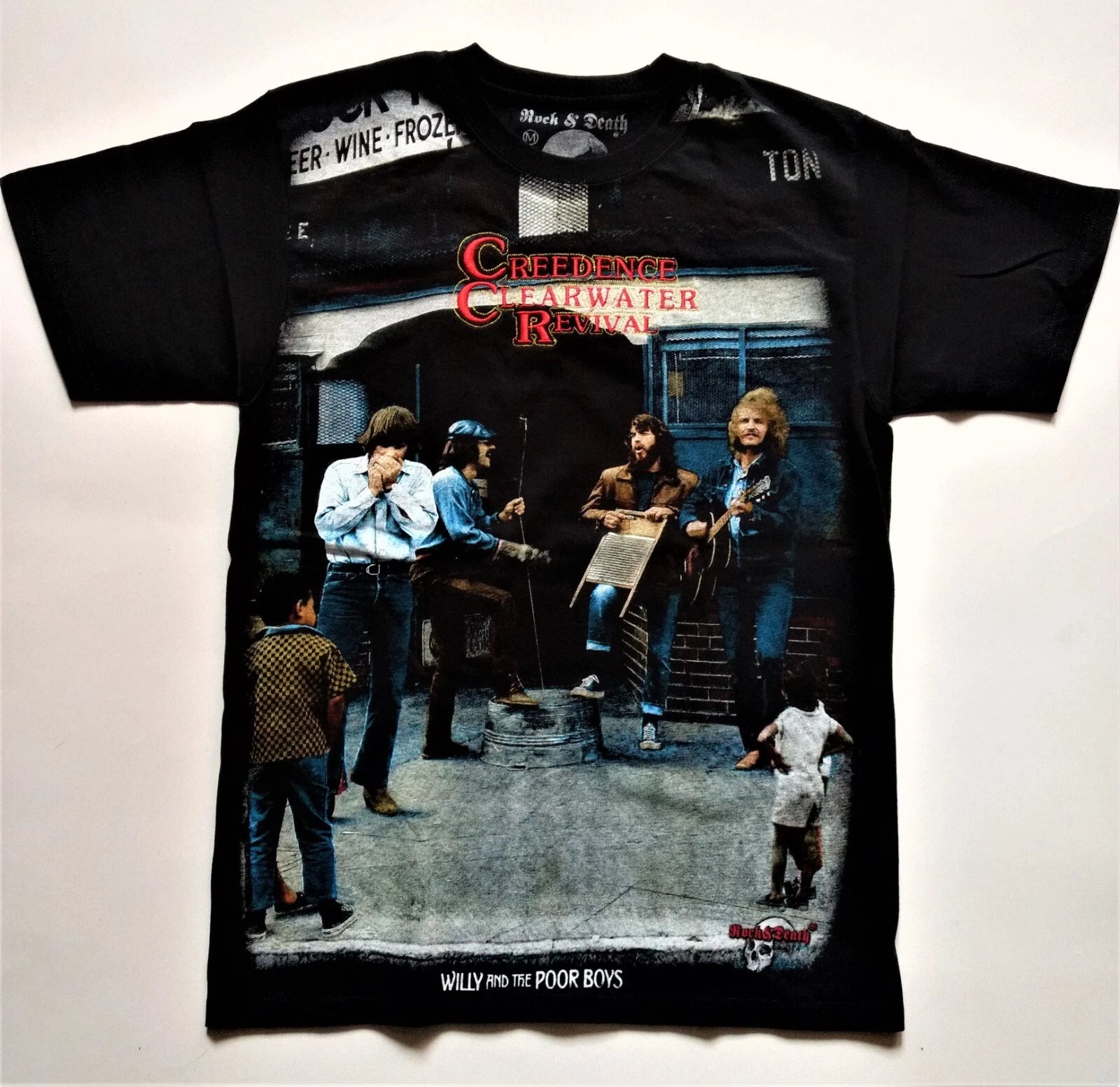 CREEDENCE CLEARWATER REVIVAL T-Shirt RARE Embroidered Logo John Fogerty Cream