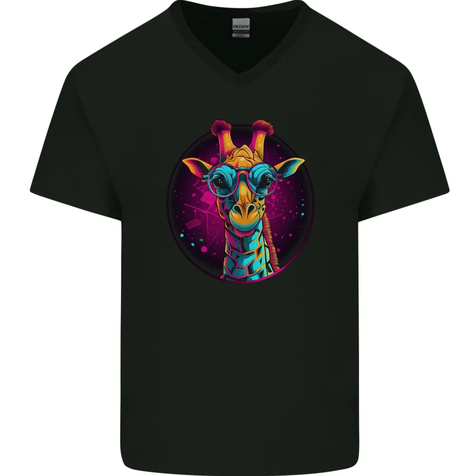 A Retrowave Giraffe Mens V-Neck Cotton T-Shirt