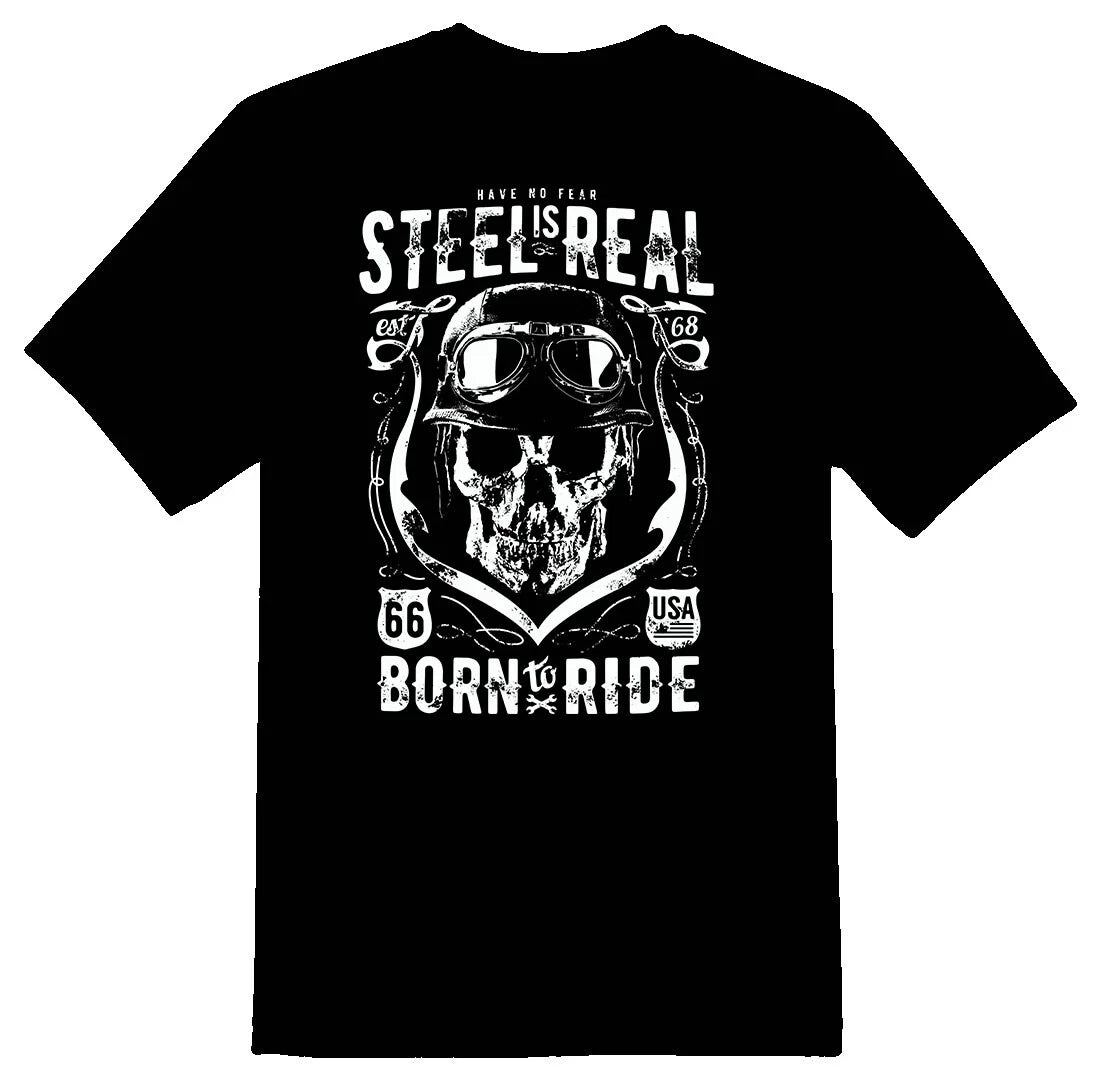 Steel Is Real 2 motorcycle skull black or white tee shirt