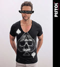 Pistol Boutique Men's Black Skull Deep V Neck T-Shirt ACE OF SPADES Skull