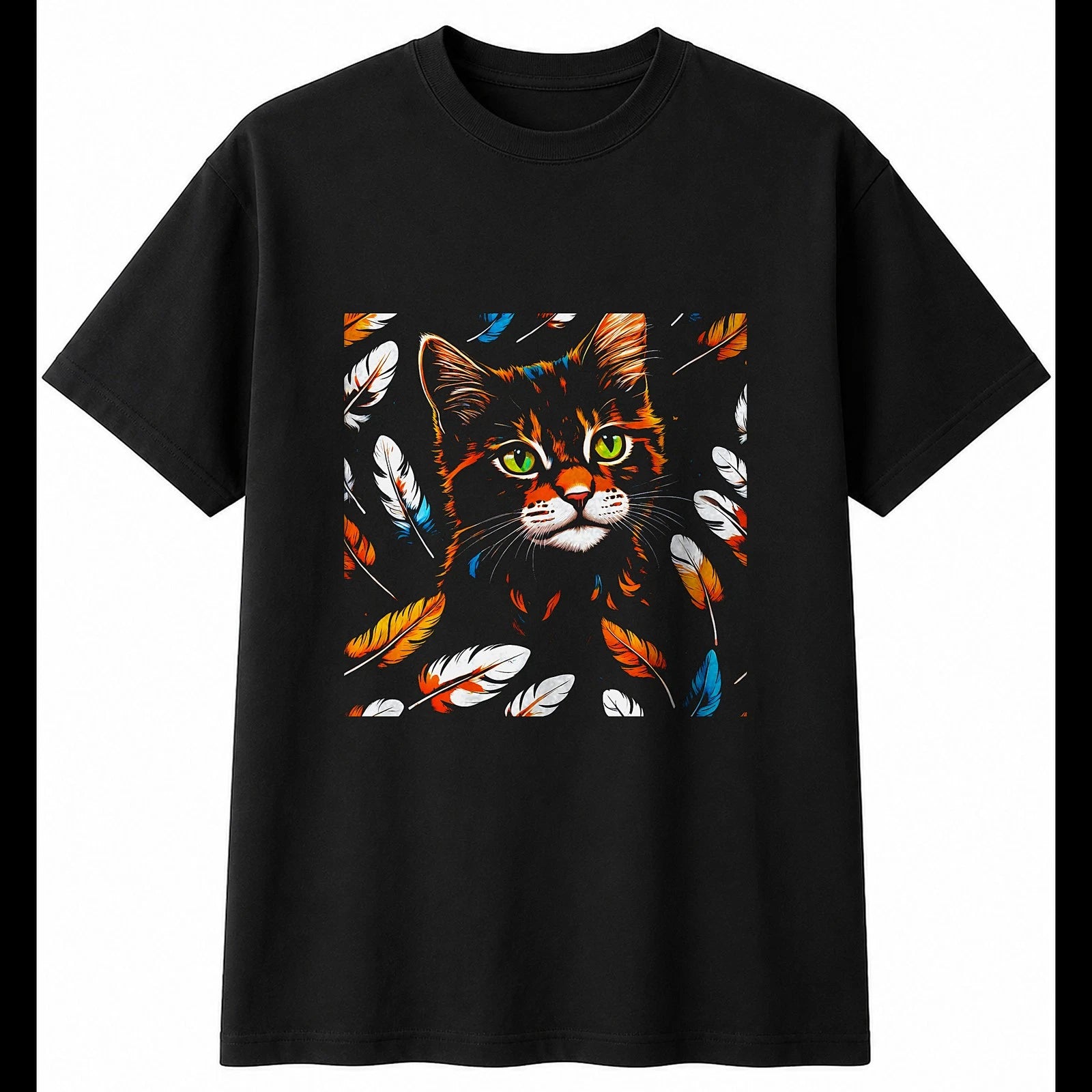 Detailed Kitten with Feathers Cat Cute Mens T-Shirt Black 100% Cotton Kawaii