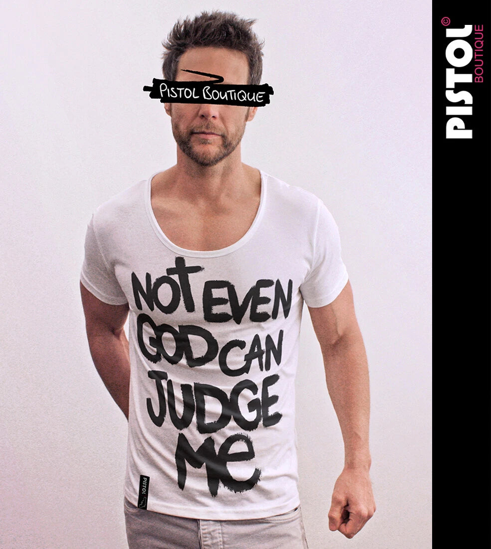 Pistol Boutique Men's Fitted White Round Scoop Neck NOT EVEN GOD JUDGE T-shirt
