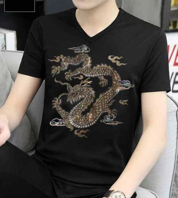 New Men Luxury V-Neck Rhinestones Dragon Fashion T-Shirt High Quality