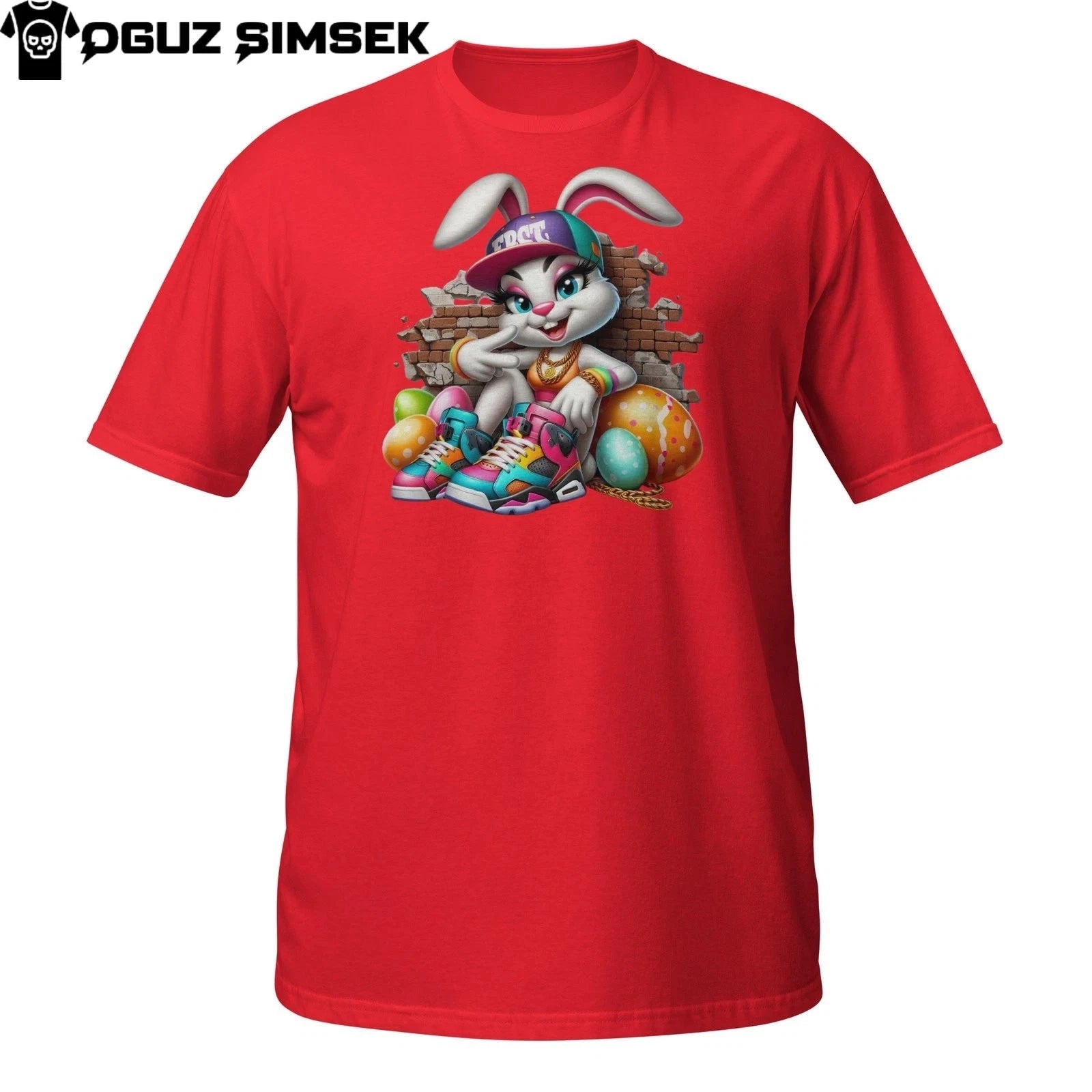Street Art Bunny Girl Tee – Urban Rabbit with Sneakers & Easter Eggs