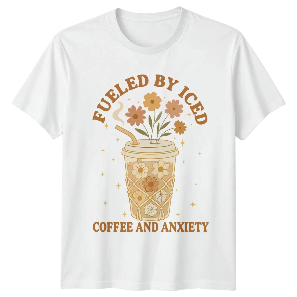 Fueled By Iced Coffee And Womens T-Shirt Boho Floral Coffee Humor