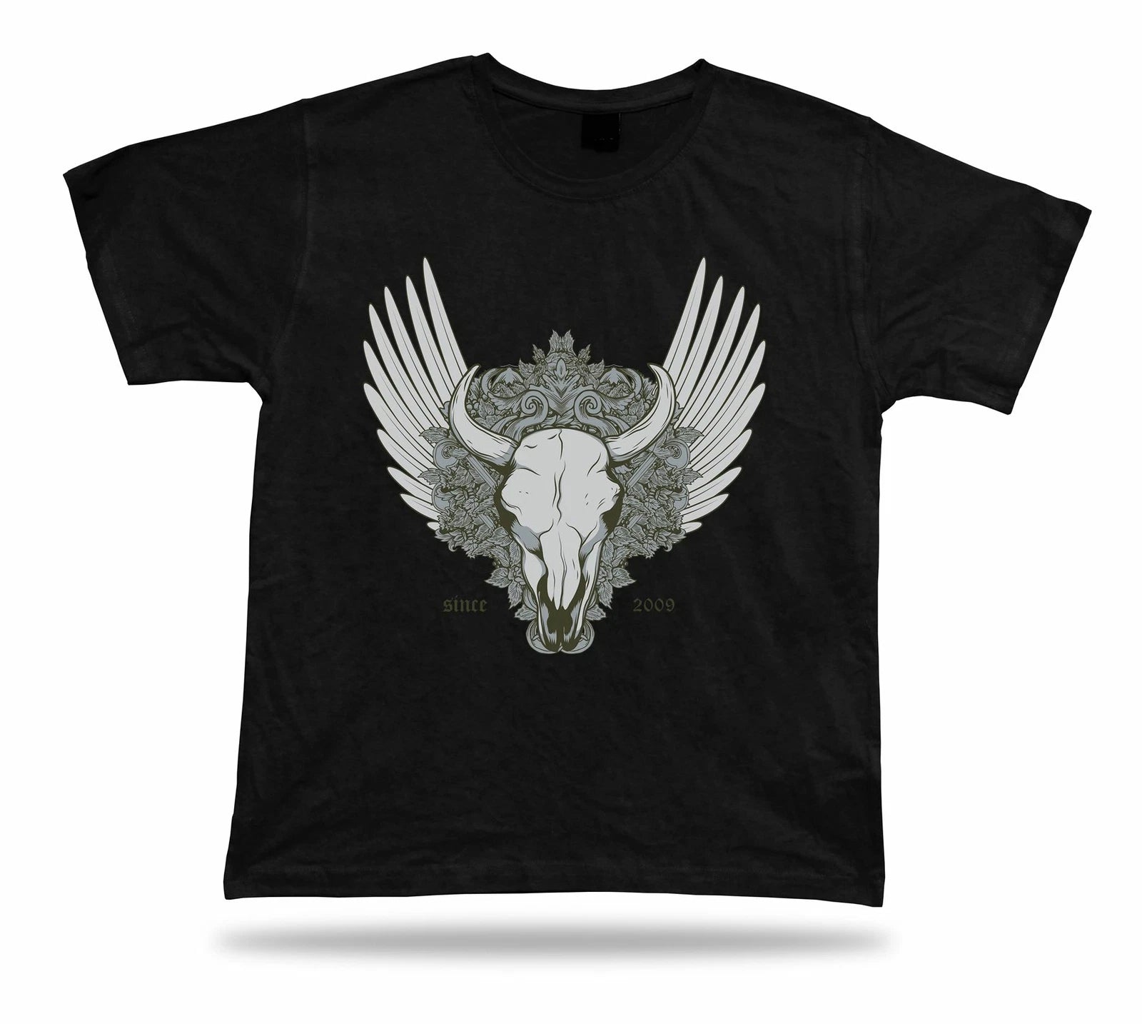Since 2009 Skeleton Bull Skull Wings Floral modern tshirt design gift apparel
