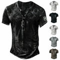 Mens Short Sleeve Vintage Henley Shirt Casual Loose V Neck Pullover T Shirt Tops