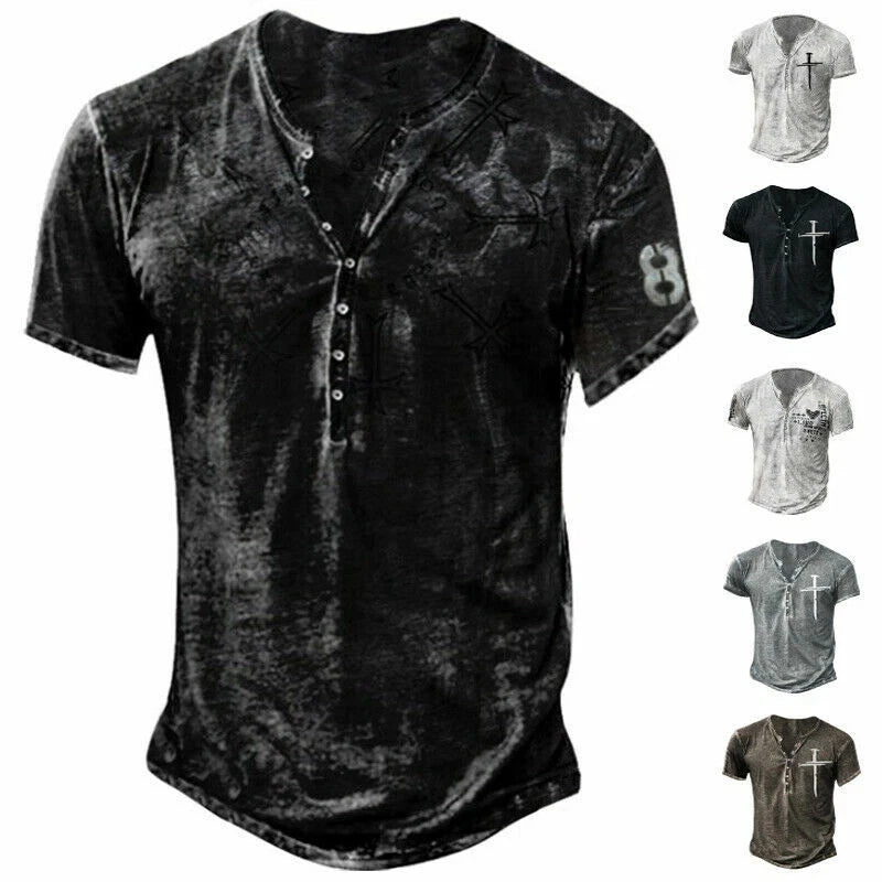 Mens Short Sleeve Vintage Henley Shirt Casual Loose V Neck Pullover T Shirt Tops