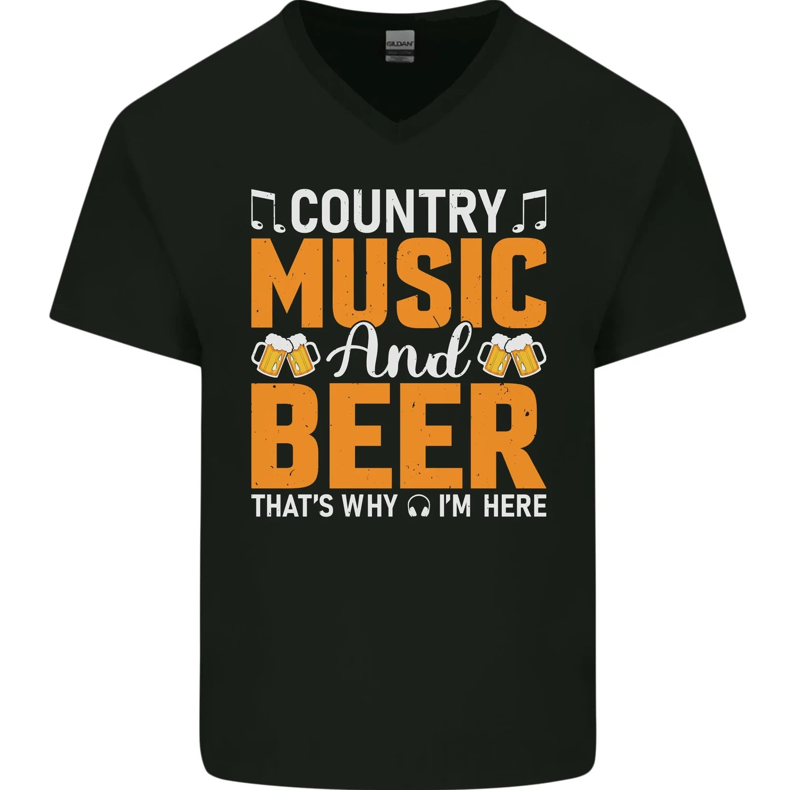 Country Music and Beer Thats Why Im Here Mens V-Neck Cotton T-Shirt