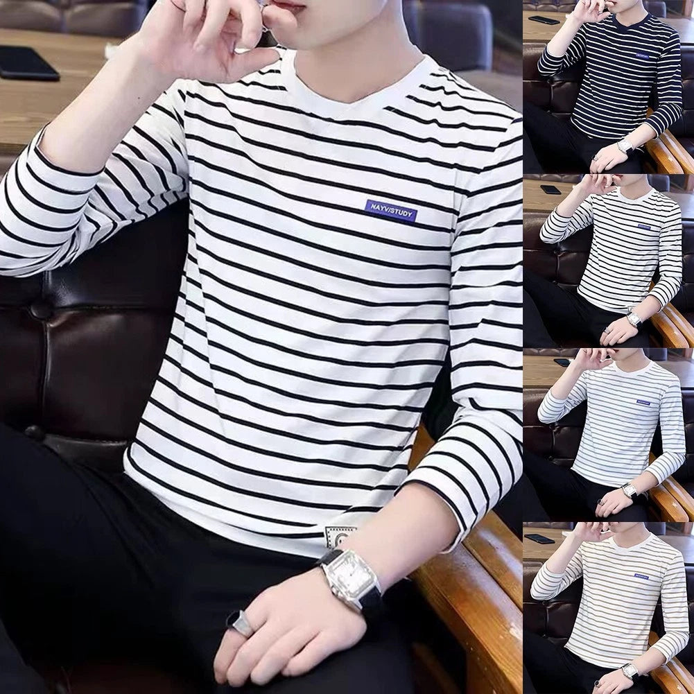 Men's Korean Stripe T-Shirt Long Sleeve Round Neck Casual Slim Fit Top