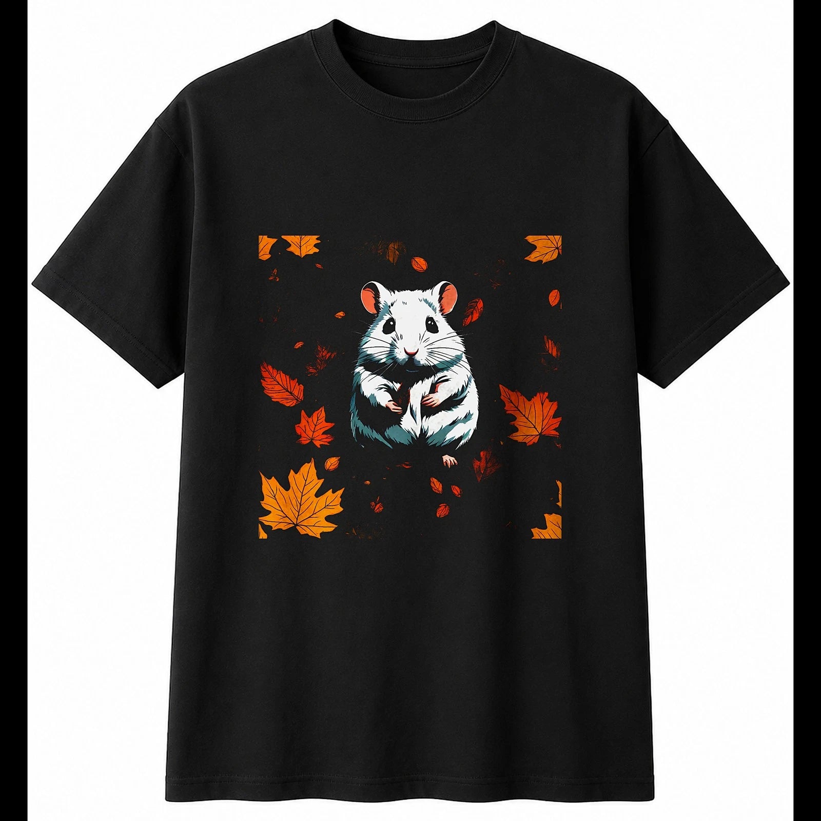Graphic Hamster in Autumn Cute Mens T-Shirt Black 100% Cotton Kawaii Printed