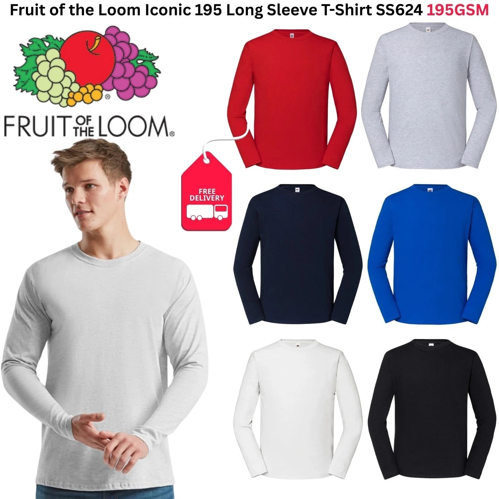 Fruit of the Loom SS624 Iconic 195 Long Sleeve T-Shirt 195GSM Mens Cotton Tee