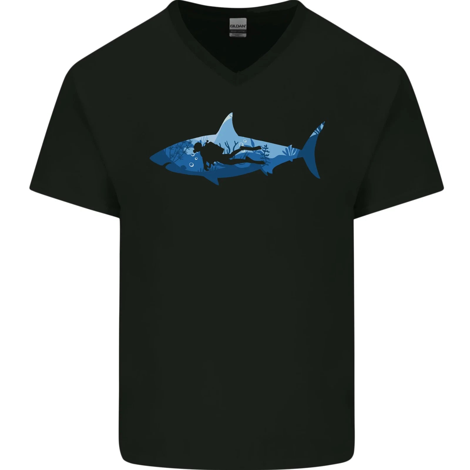 Great White Shark Scuba Diver Diving Mens V-Neck Cotton T-Shirt