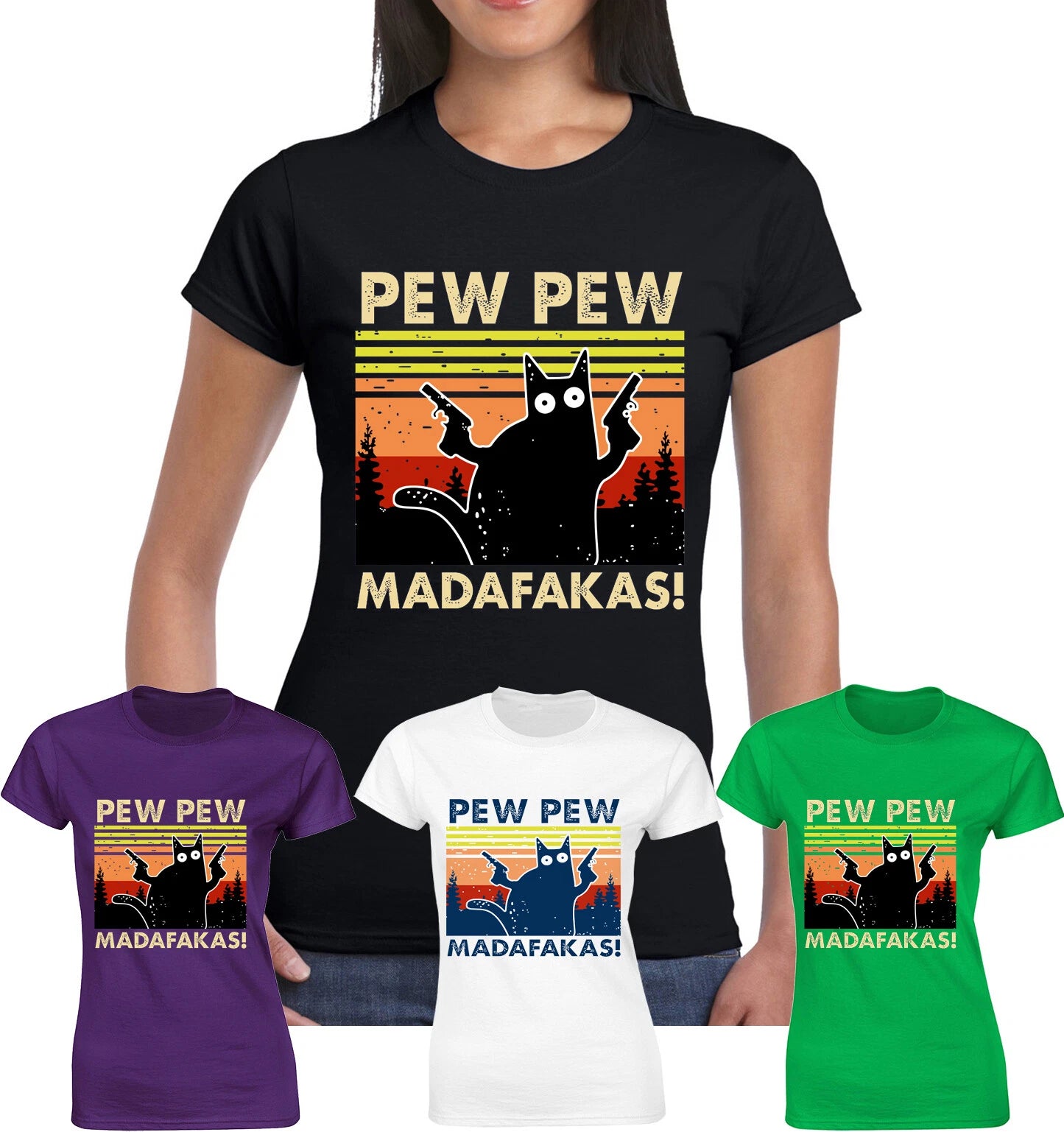PEW PEW MADAFAKAS Vintage Funny Laddies T-Shirt Cat Retro Kitten Xmas Gift Girls