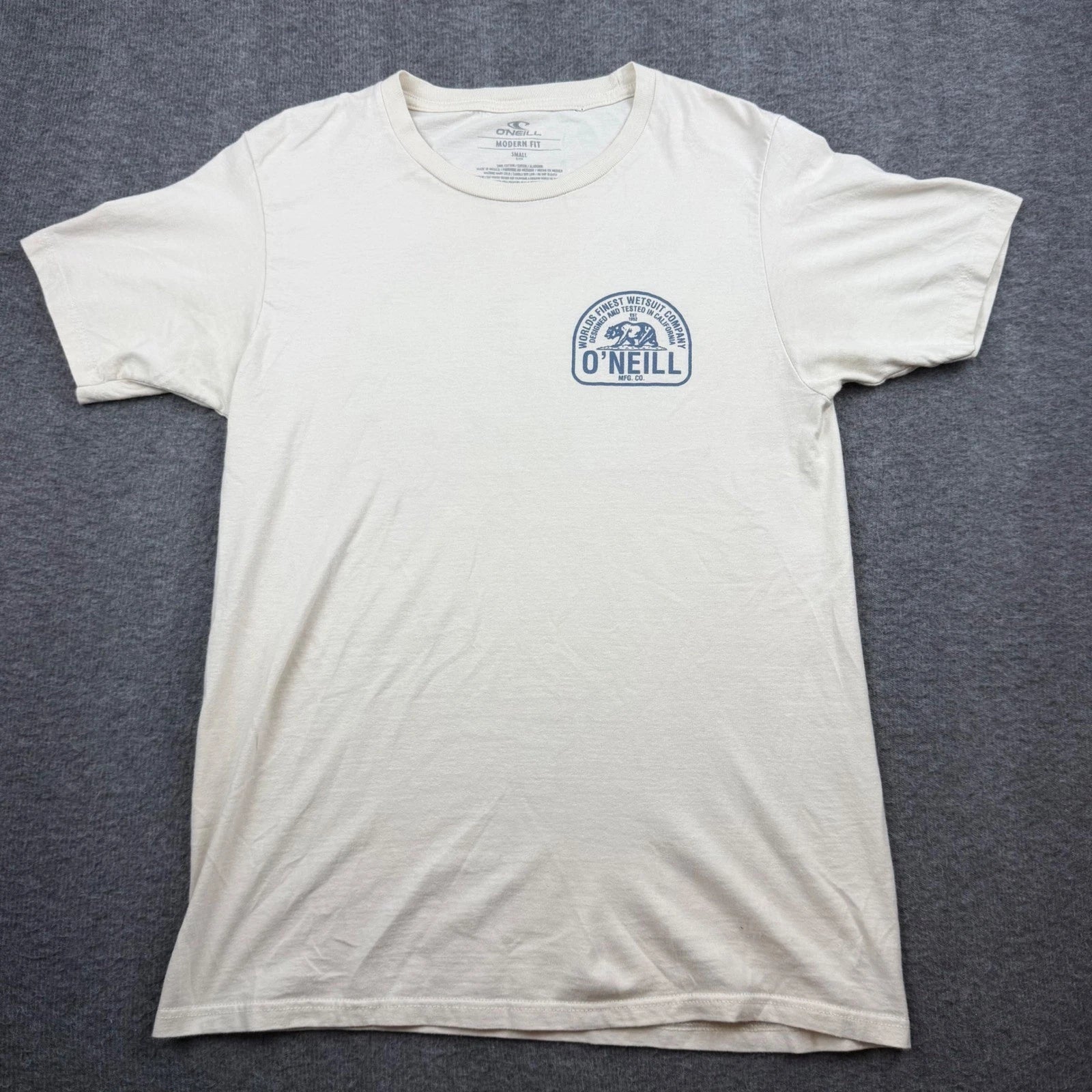O'Neill Graphic T-Shirt Mens Small Cream Modern Fit California Bear Logo Tee