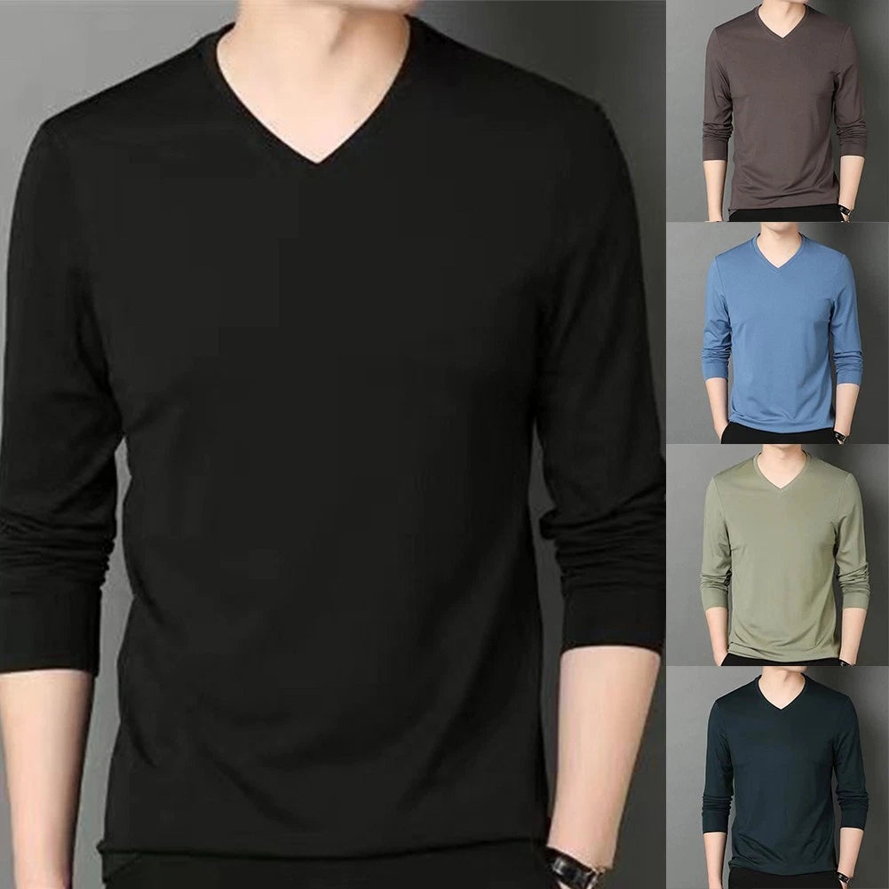 Long Sleeve Tee Top for Men with V Neck Perfectly Tailored Slim Fit Style