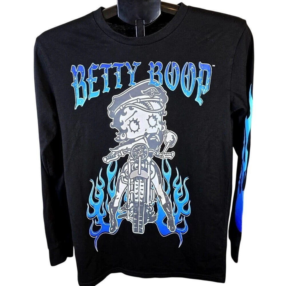Betty Boop Long Sleeve Shirt Mens S Small Black Blue Flames Biker Motorcycle Tee