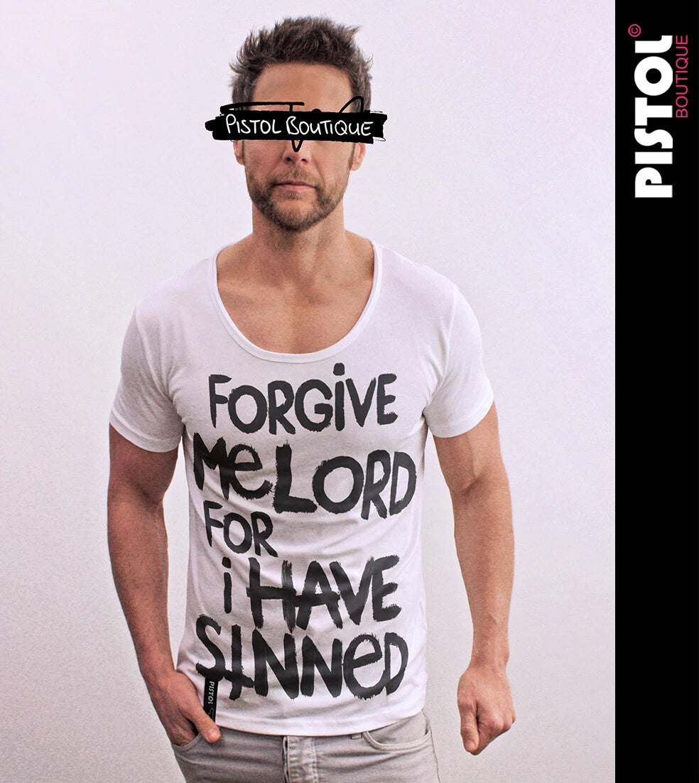 Pistol Boutique Men's White Scoop Round Neck FORGIVE LORD SINNED T-shirt