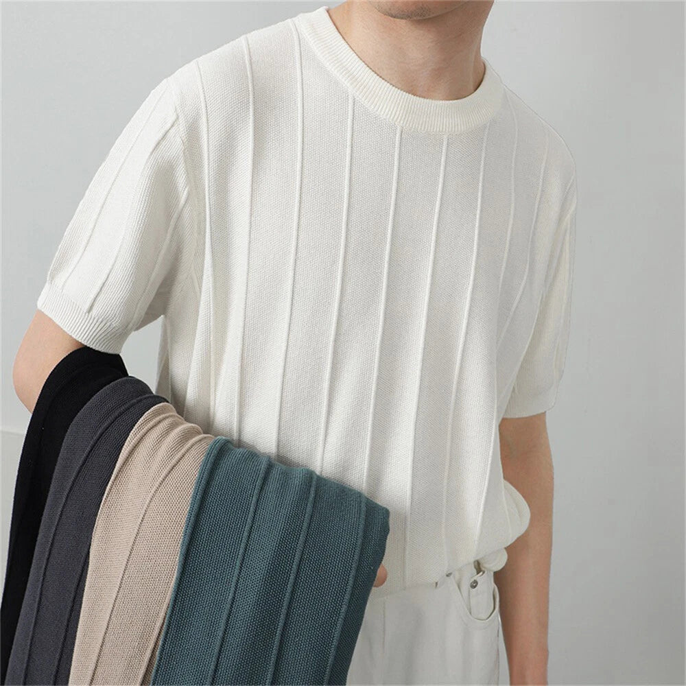 Men's Knitted Short Sleeve T-Shirt Classic Casual Slim Round Neck Shirts