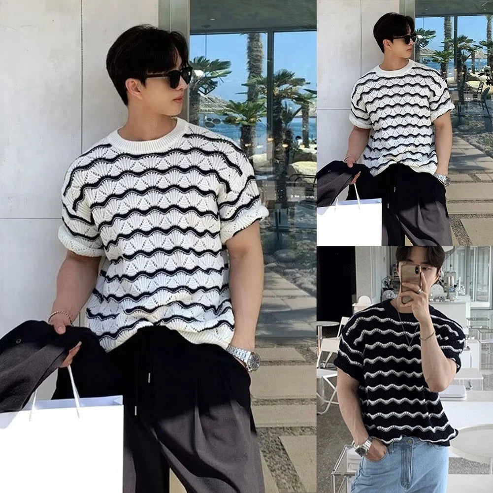 Summer Streetwear Wave Jacquard Tee Korean Hollow Top Regular Fit Nylon Cotton