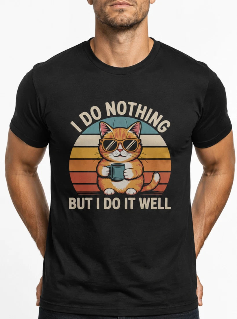 Funny Cat T-Shirt Lazy Cat Coffee Shirt Retro Sunset Graphic Tee Unisex Gift