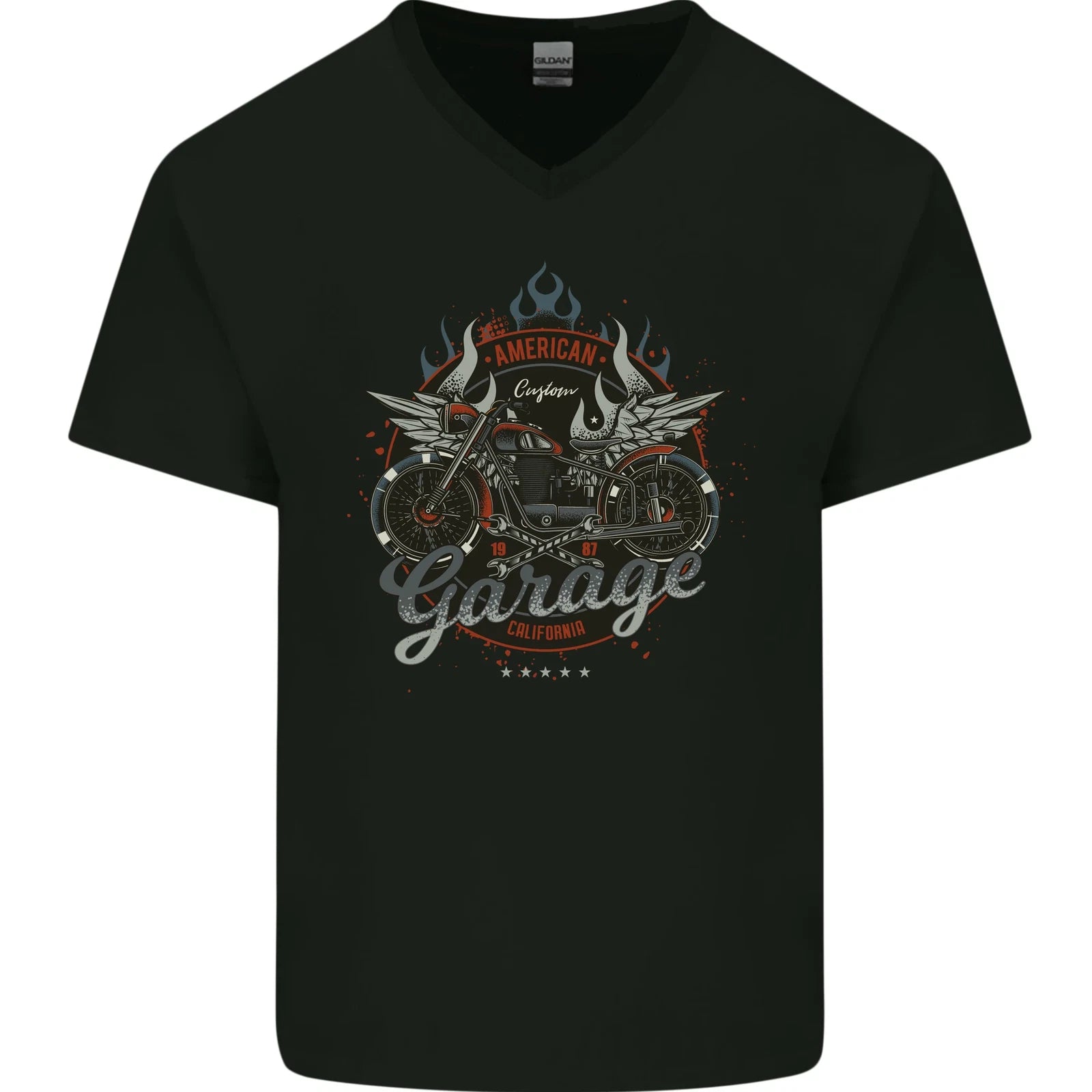 American Custom Garage Biker Motorcycle Mens V-Neck Cotton T-Shirt
