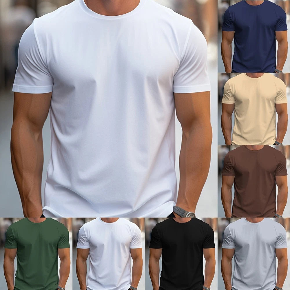 Men T-Shirt Outdoor Training Short Sleeve Round Neck Slim Fit Polyester Fabric
