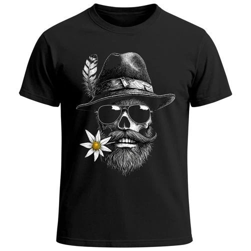 Men's Oktoberfest Skull T-Shirt with Costume Hat & Edelweiss Fun Shirt