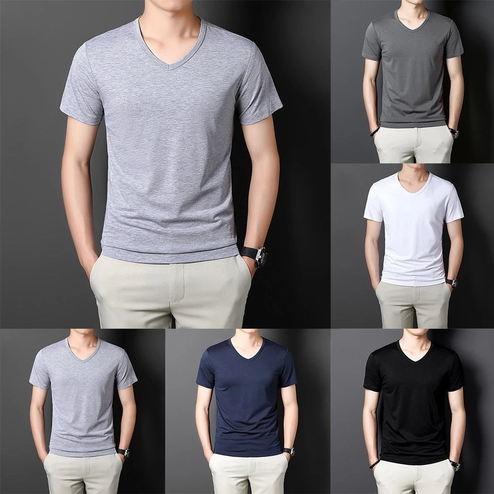 Regular Length Men V-neck T-shirt Slim Fit Tee Base Shirts T-shirts Tops