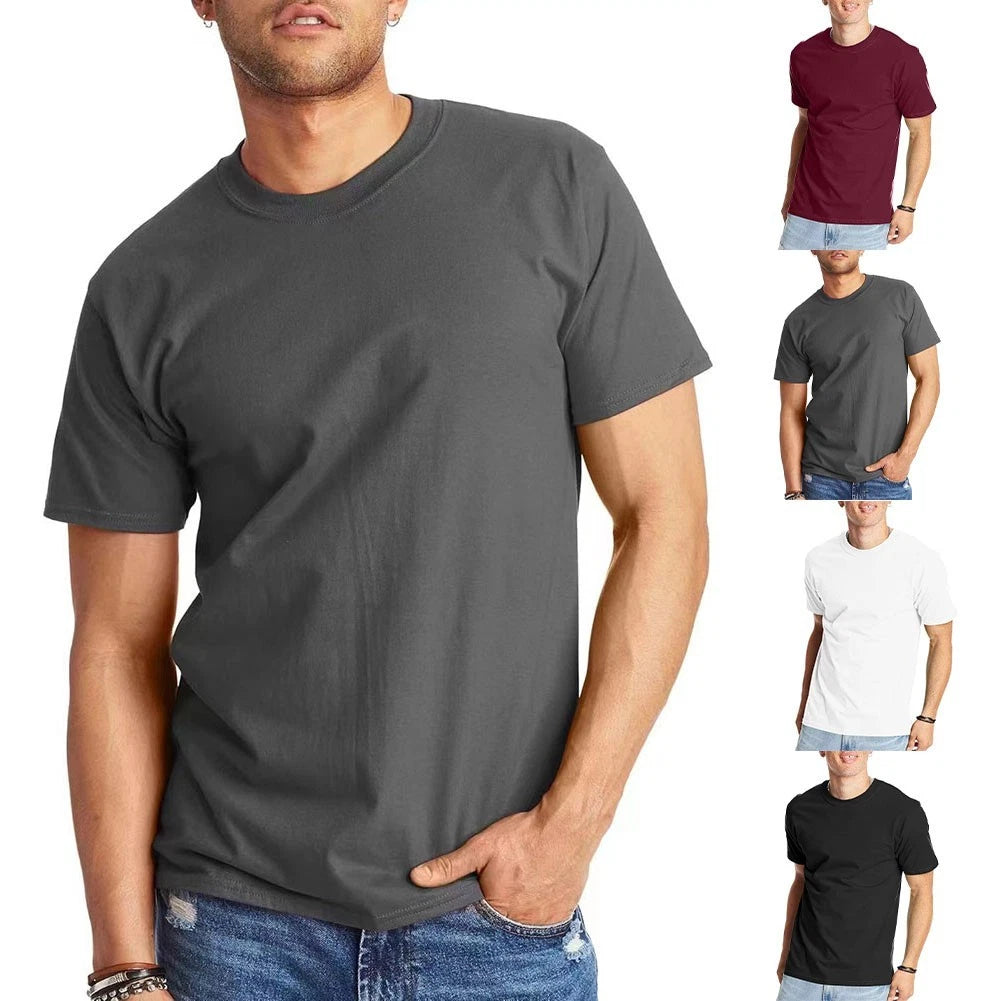 Mens Pullover Tee T-shirts Short Sleeve Bottoming Slim Fit Solid Color