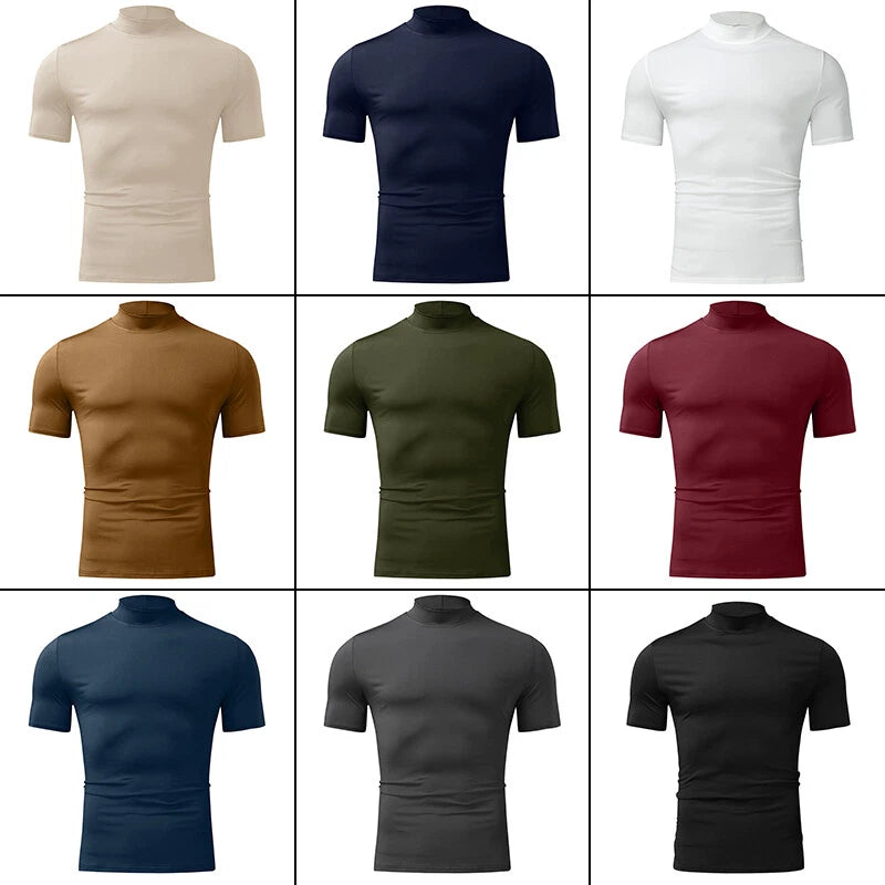 Men Roll Turtle Neck T-shirt Solid Jumper Lightweight Short Sleeve Top Tee Basic