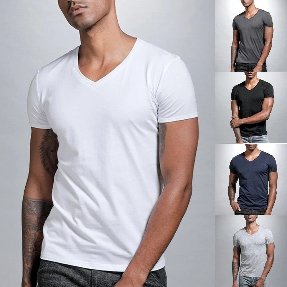 for Slim Fit Top Men V-neck T-shirt Regular Length Casual Wear Solid Color