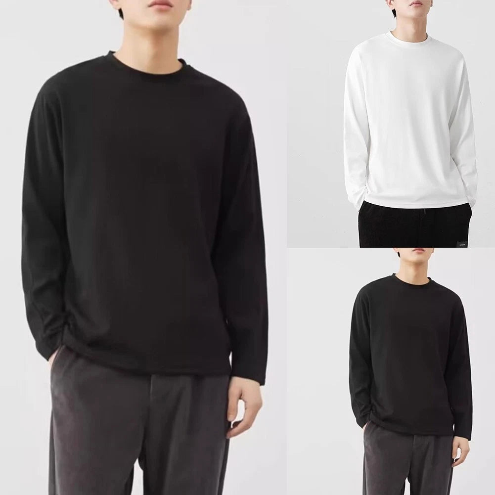Men Solid Color Cotton Long Sleeve T Shirt Casual Loose Fit Base Layer