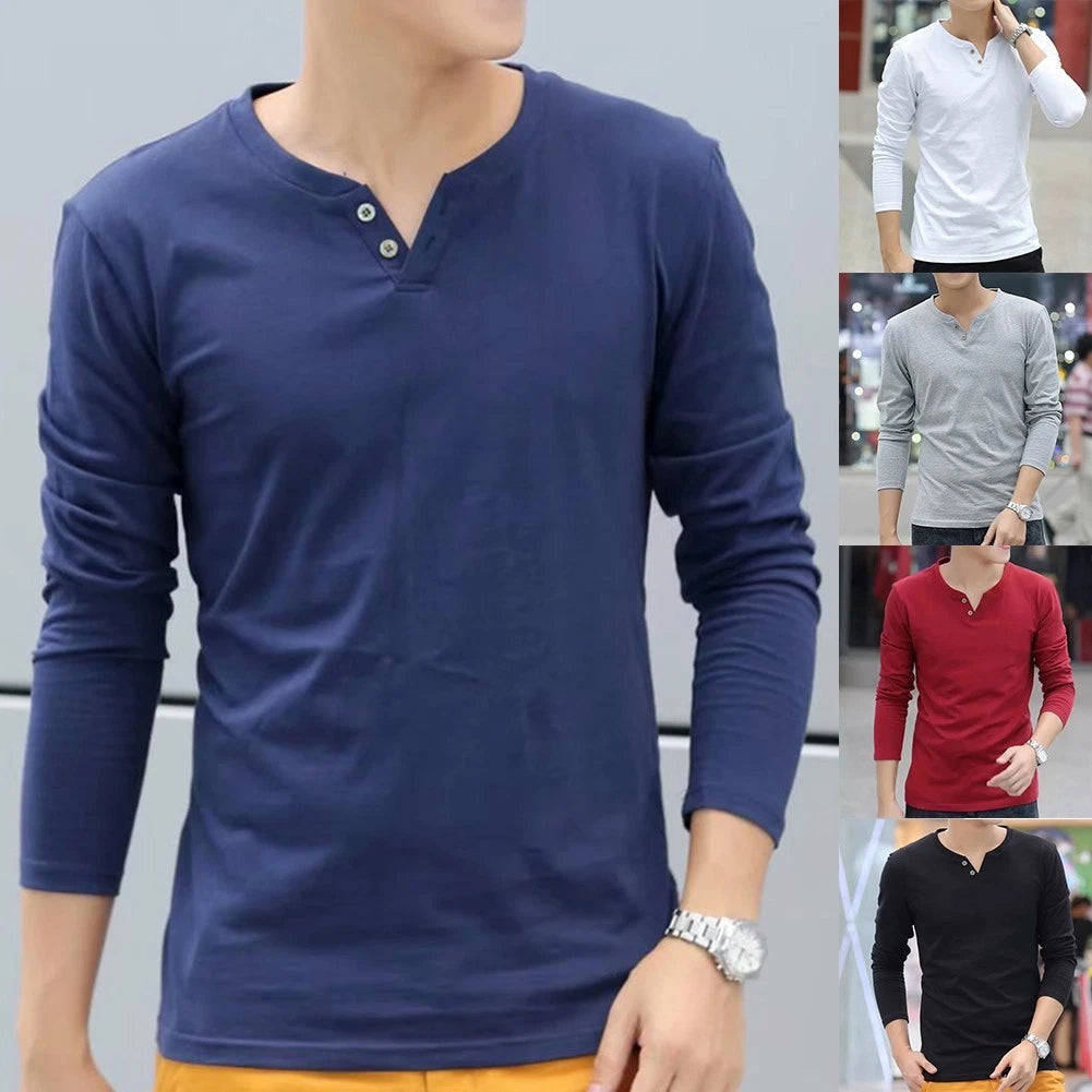 Men Long Sleeve V Neck Casual T Shirt Slim Fit Basic Top for Daily Wear