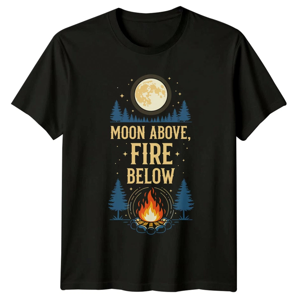Moon Above Fire Below Camping Mens T-Shirt Womens Tee Graphic Unisex Top