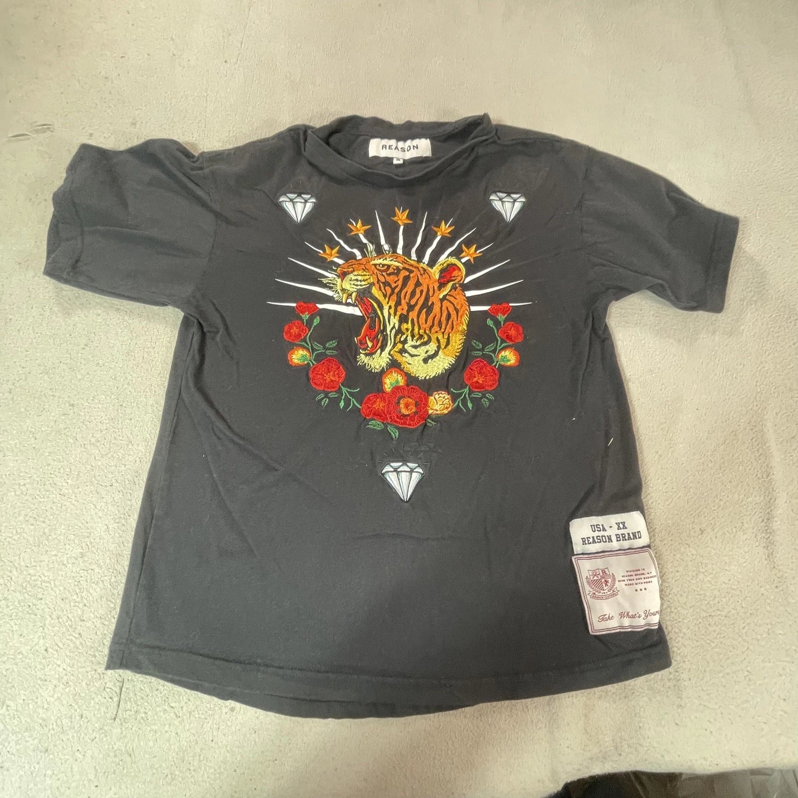 Reason Tiger Shirt Mens Medium Black Embroidered Graphic Tee Streetwear Street