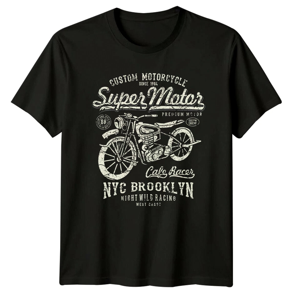 Super Motor Motorcycle Cafe Racer NYC Brooklyn Mens T-Shirt Womens Tee Graphic
