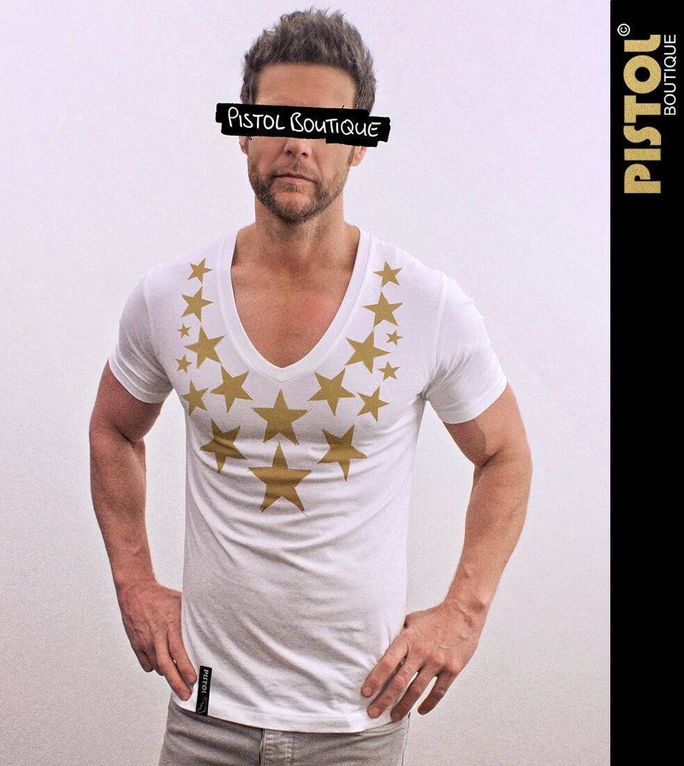 Pistol Boutique Men's Fitted White Deep V neck GOLD CHEST SKETCH STARS T-shirt