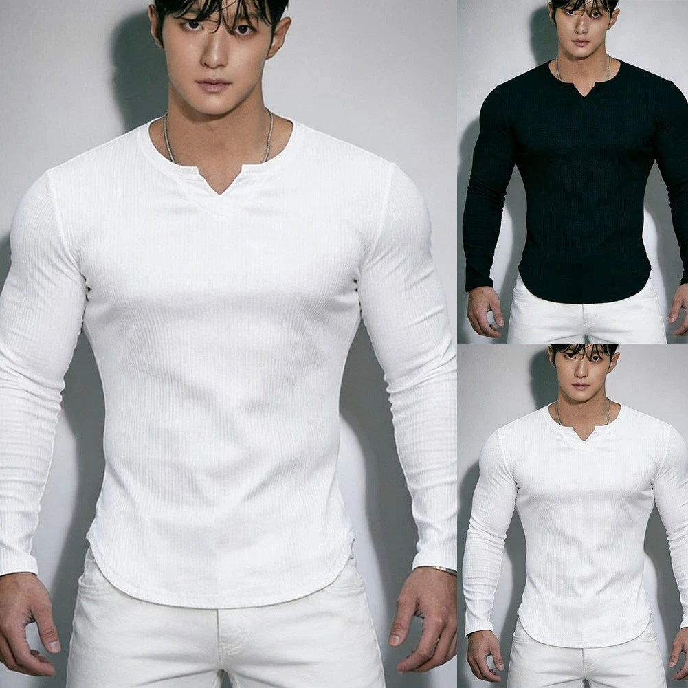 Men's V-Neck Long Sleeve Athletic Tee Top Slim Fit Polyester Spandex Blend