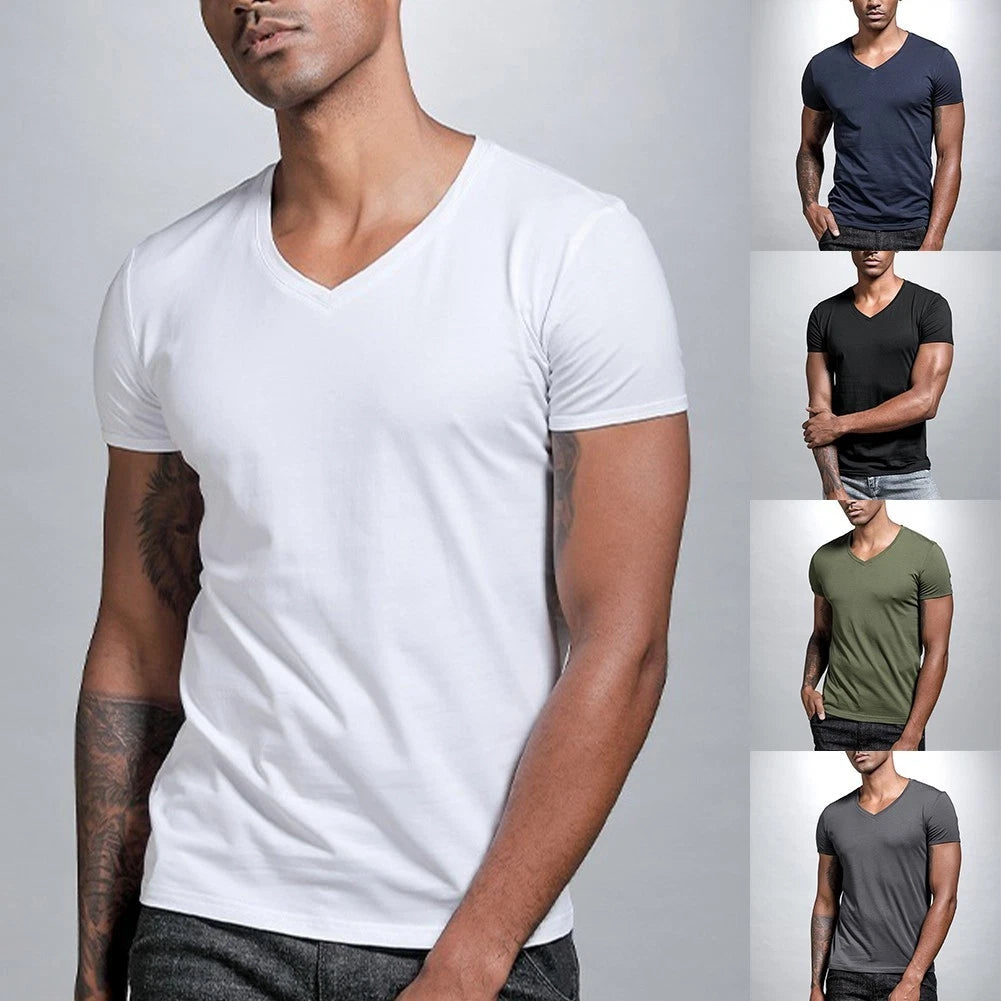 Polyester Men's Casual T Shirt with V Neck Short Sleeves for Summer Activewear