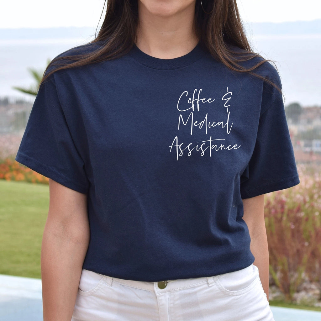 Coffee and medical assistance pocket Unisex T-shirt CMA tee Black Navy Dark Heat