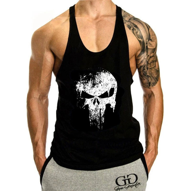 Men's Gym Bodybuilding Tank Top Muscle T-Shirt Fitness Stringer skull Shirts
