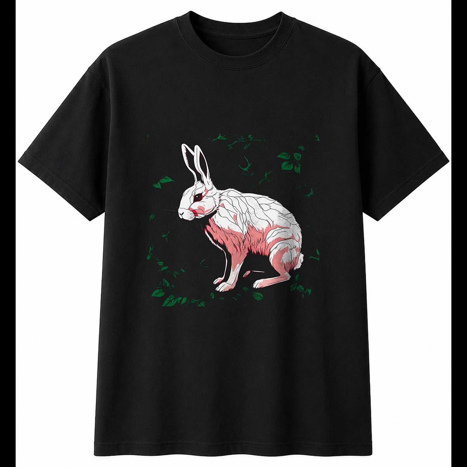 Dark Fantasy Rabbit with Roses Cute Mens T-Shirt Black 100% Cotton Kawaii