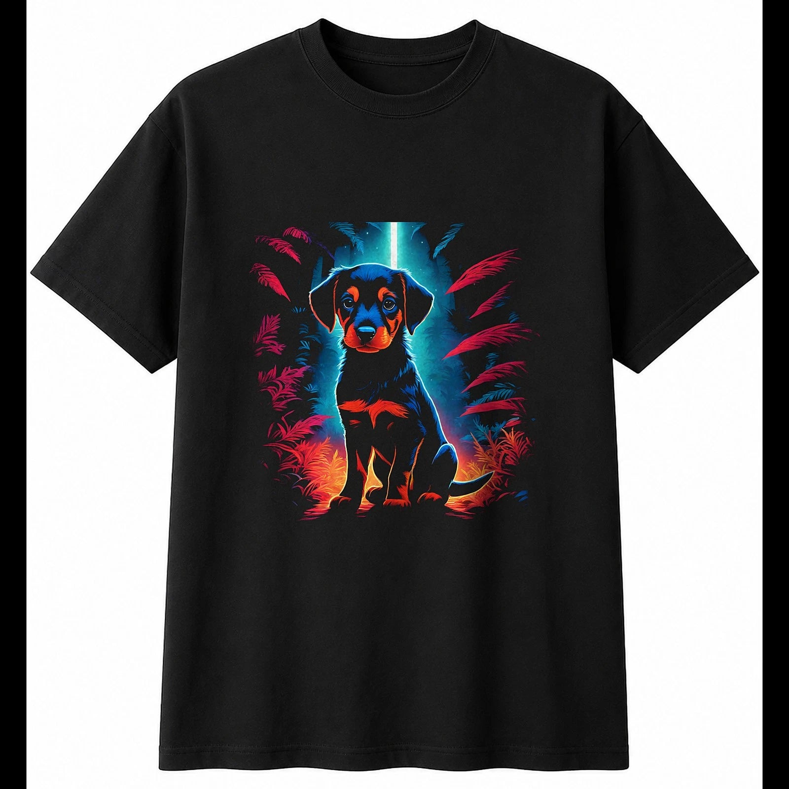 Botanical Puppy Neon Glow Dog Cute Mens T-Shirt Black 100% Cotton Kawaii Printed