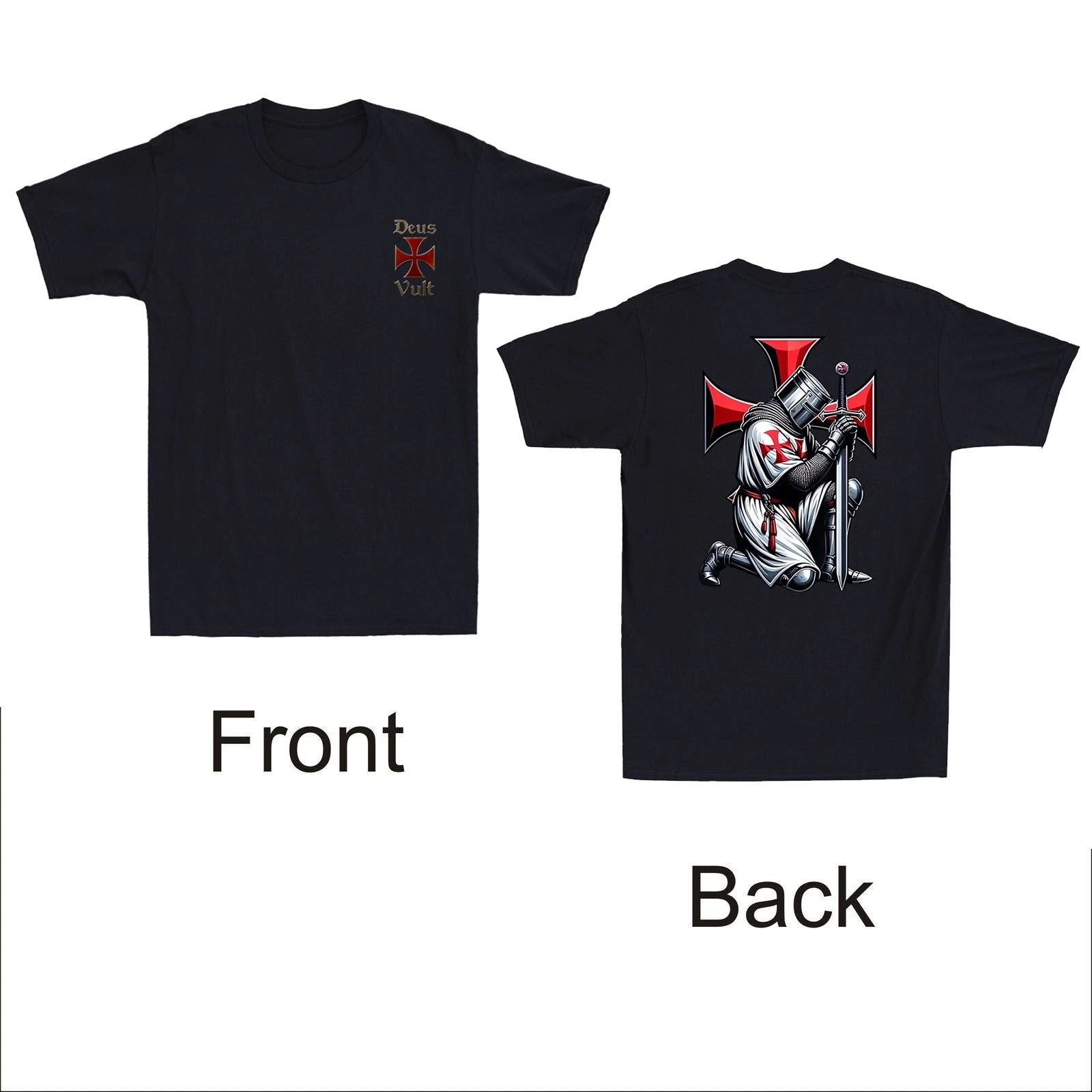 Deus Vult Knight Templar Christian Warrior Crusader Cross Front & Back T-Shirt