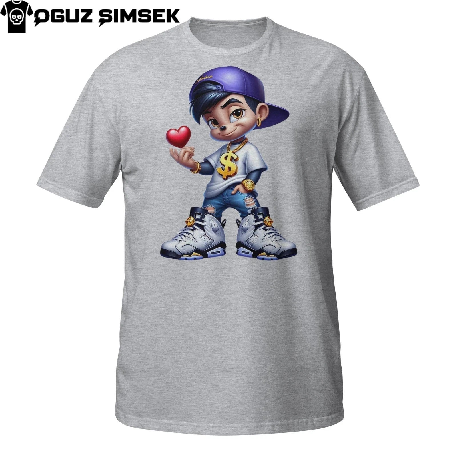 Urban Streetwear Tee – Cartoon Rapper Kid Holding Red Heart T-Shirt