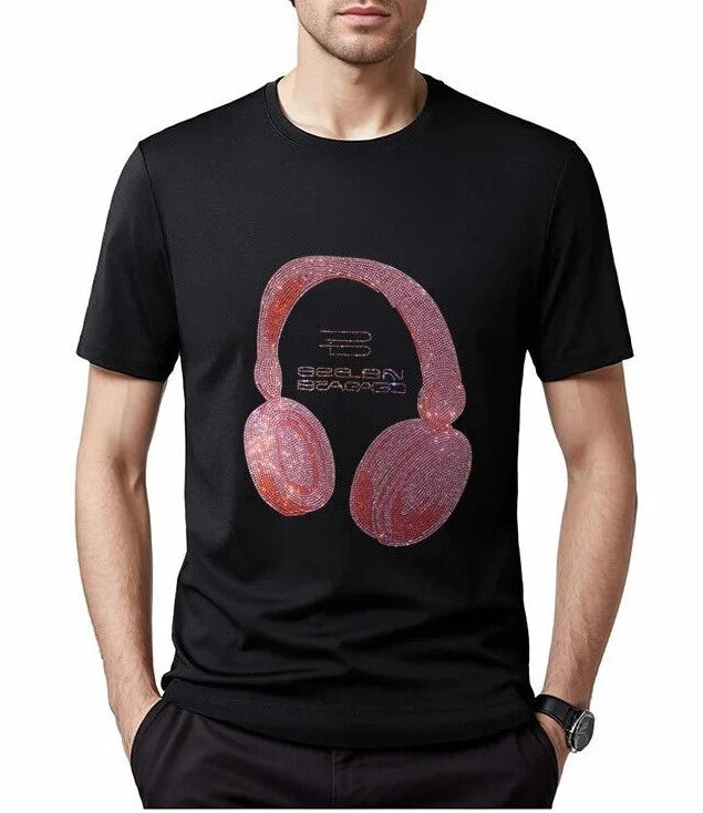 New Men Luxury Diamond Headphones Rhinestones Fashion Black T-Shirt High Quality